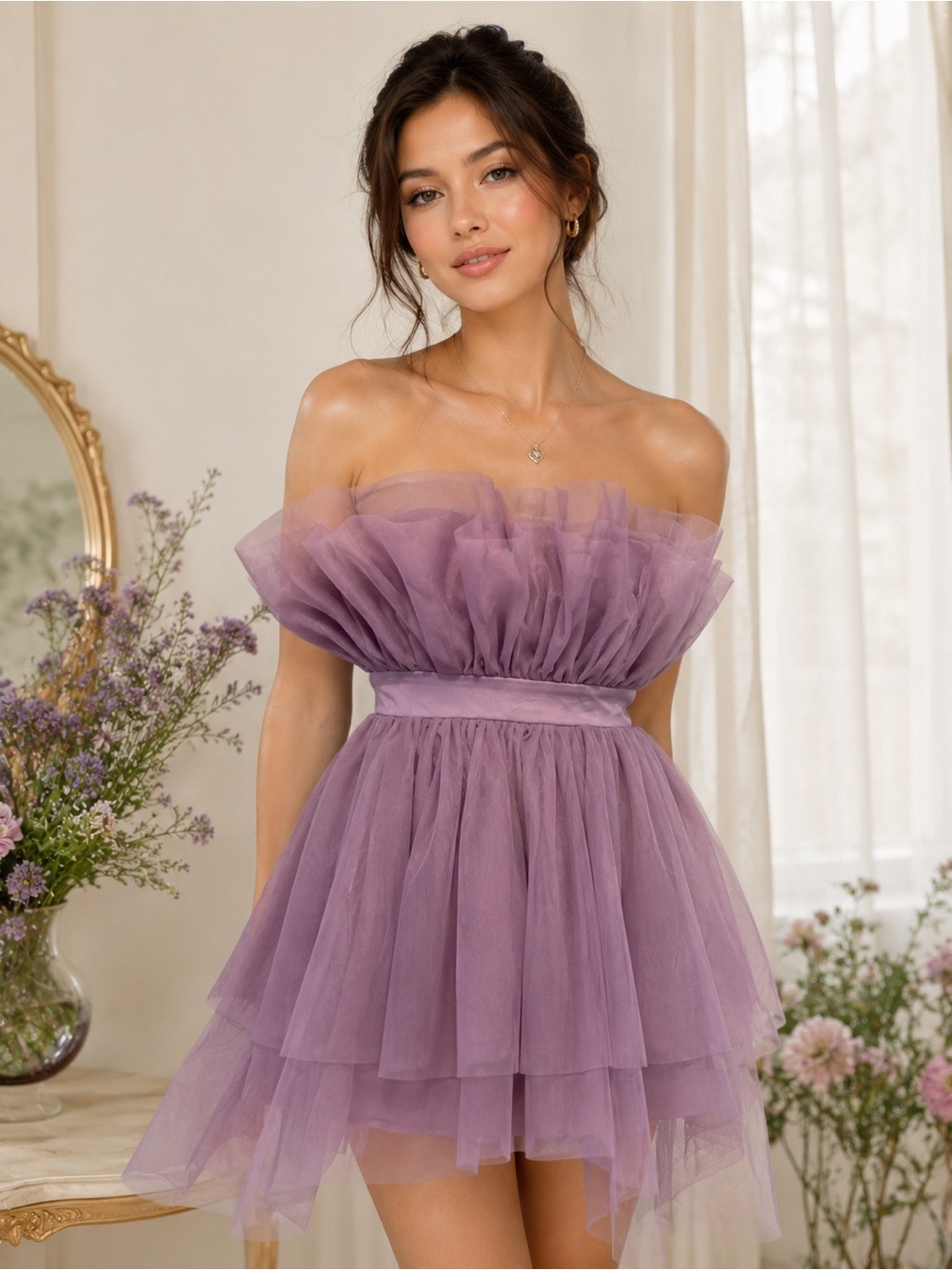 Strapless Mauve Layered Tulle Party Dress